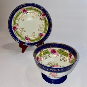 Antique Vintage Nippon Art Hand Painted 1891-1921 Rose and Cobalt Blue Gold Bowl